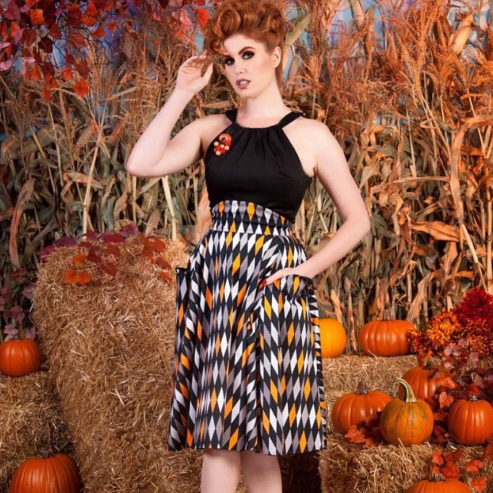 Pinup Girl Clothing/Pinup Couture Corset Circle Skirt in Halloween Harlequin XS